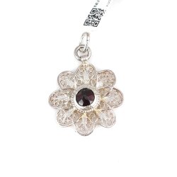 925 Ayar Gümüş Papatya Garnet Taşlı Telkari Kolye Ucu - 4