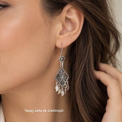 925 Silver Dangle Filigree Earring, Diamond Lines - Nusrettaki (1)