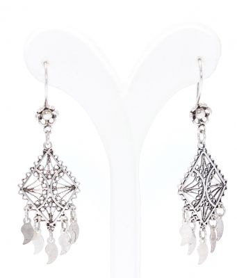 925 Silver Dangle Filigree Earring, Diamond Lines - 1