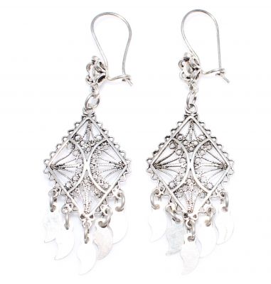 925 Silver Dangle Filigree Earring, Diamond Lines - 2