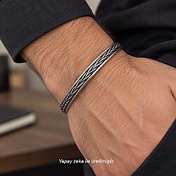 925 Ayar Gümüş Saç Örgüsü Model Açık Kelepçe Erkek Bileklik - Nusrettaki
