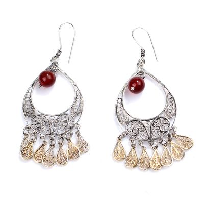 925 Ayar Gümüş Hilal Motifli Garnet Taşlı Damla Sallantılı Telkari Küpe - 2