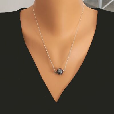 925 Ayar Gümüş 12 mm Siyah Renk İncili Üzeri Zirkon Taşlı Kolye - 1