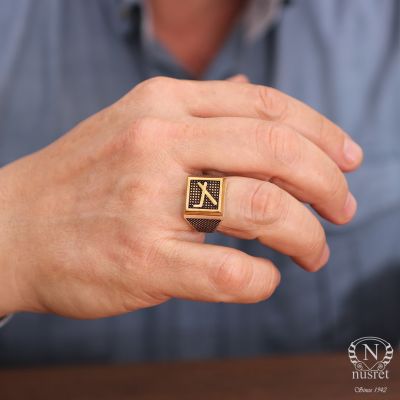 925 Ayar Gümüş ve Bronz Karışımı Nokta Desenli Çepni Boyu Erkek Yüzüğü - 7