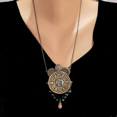 925 Ayar Gümüş ve Bronz Karışımı Fil Desenli Otantik Kolye - 1