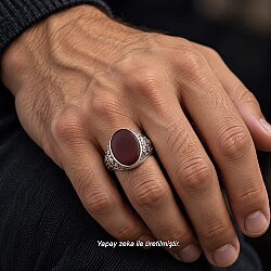 925 Ayar Gümüş Vintage Desenli Oval Akik Erkek Yüzüğü - Nusrettaki (1)