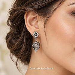 925 Silver Rose & Frond Drop Earrings - Nusrettaki (1)