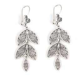 925 Silver Leaf Patterned Chandelier Filigree Earrings - Nusrettaki