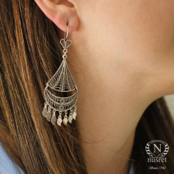 925 Ayar Gümüş Yelken Motifli Pullu Sallantılı Telkari Küpe - 5