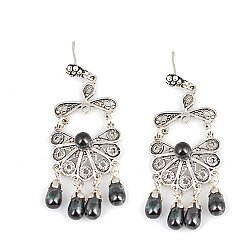 925 Silver Half Flower Design Chandelier, Screw Filigree Earrings with Black Pearl - Nusrettaki (1)