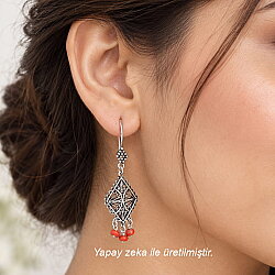 925 Silver Chandelier Filigree Earring with Red Coral Stone - Nusrettaki (1)