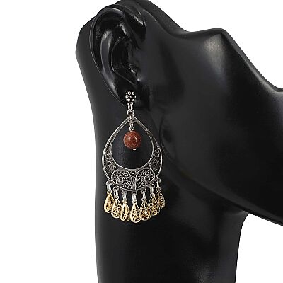 925 Silver Crescent Model Brown Stoned Filigree Earring - 3