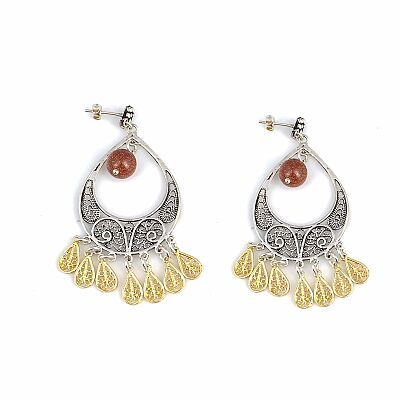 925 Silver Crescent Model Brown Stoned Filigree Earring - 1