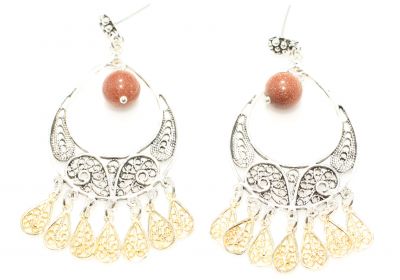 925 Silver Crescent Model Brown Stoned Filigree Earring - 5
