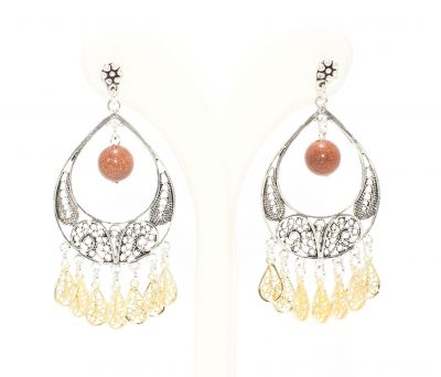 925 Silver Crescent Model Brown Stoned Filigree Earring - 4