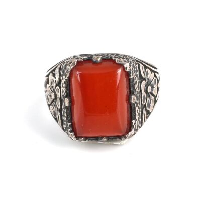 925 Sterling Silver Agate Stone Flower Pattern Men Ring - 4