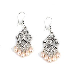 925 Sterling Silver Chandelier Filigree Earring with Pinky Pearls - 2