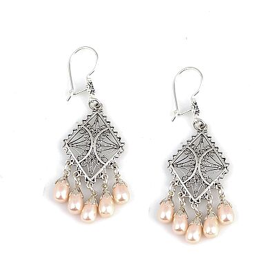 925 Sterling Silver Chandelier Filigree Earring with Pinky Pearls - 2