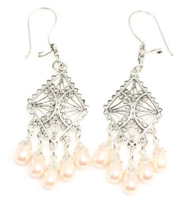 925 Sterling Silver Chandelier Filigree Earring with Pinky Pearls - 6