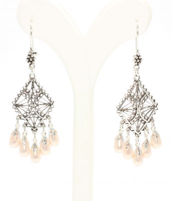925 Sterling Silver Chandelier Filigree Earring with Pinky Pearls - 5