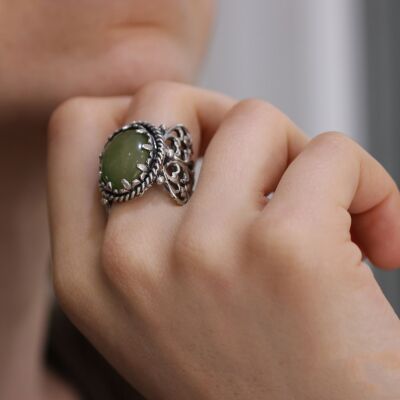925 Sterling Silver Constantinople Design Jade Stone Ring - 1