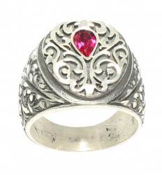 925 Sterling Silver Drop Shape Zircon Ruby Stone Man Ring - 6