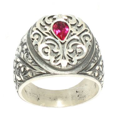 925 Sterling Silver Drop Shape Zircon Ruby Stone Man Ring - 6