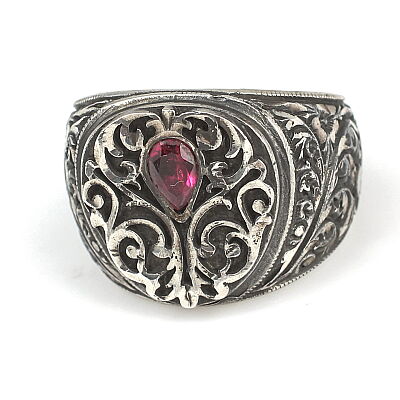 925 Sterling Silver Drop Shape Zircon Ruby Stone Man Ring - 3
