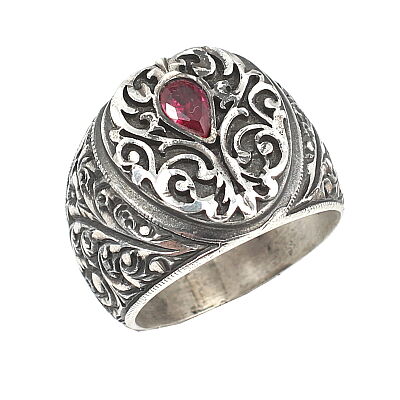 925 Sterling Silver Drop Shape Zircon Ruby Stone Man Ring - 1