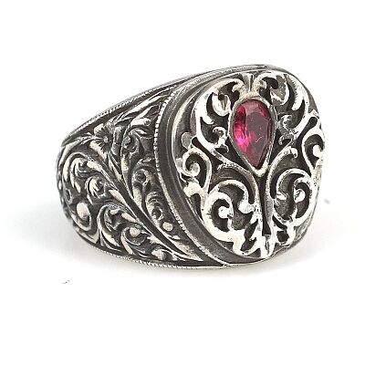 925 Sterling Silver Drop Shape Zircon Ruby Stone Man Ring - 2