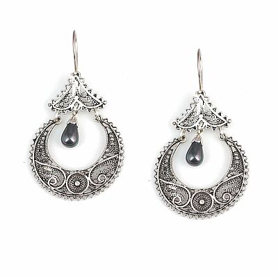 925 Sterling Silver Filigree Earring with Black Pearl - 1