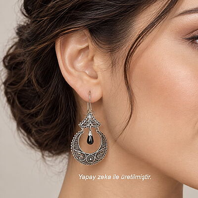 925 Sterling Silver Filigree Earring with Black Pearl - 2