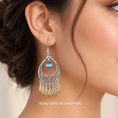 925 Sterling Silver Filigree Earring with Blue Catseye Stone - 2