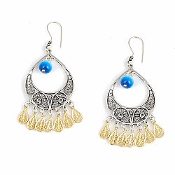 925 Sterling Silver Filigree Earring with Blue Catseye Stone 