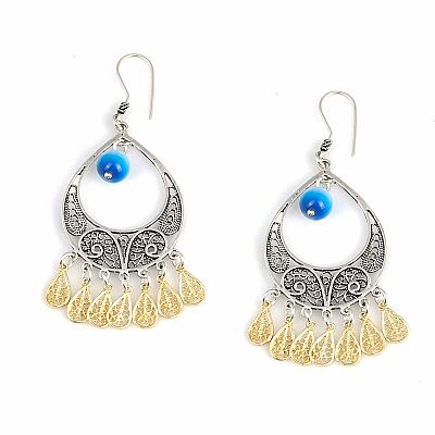 925 Sterling Silver Filigree Earring with Blue Catseye Stone - 1