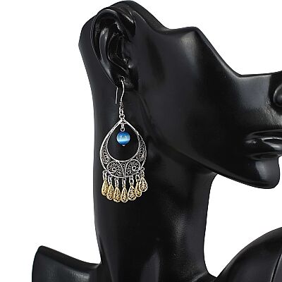 925 Sterling Silver Filigree Earring with Blue Catseye Stone - 3