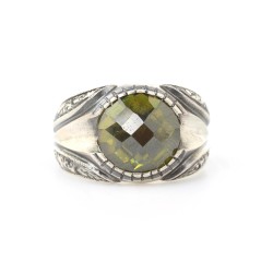 925 Sterling Silver Hand-carved Men's Ring with Synthetic Emerald - 5