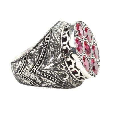 925 Sterling Silver Hand-carved Men's Ring with Synthetic Ruby - 2
