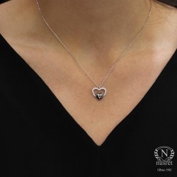 925 Sterling Silver Heart in Heart & Lock Necklace with White CZ - 9
