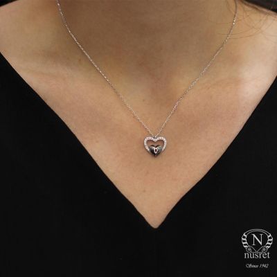 925 Sterling Silver Heart in Heart & Lock Necklace with White CZ - 9