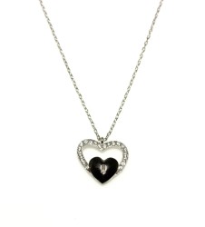 925 Sterling Silver Heart in Heart & Lock Necklace with White CZ - 10
