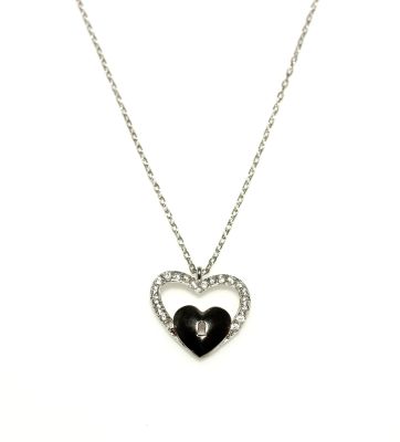 925 Sterling Silver Heart in Heart & Lock Necklace with White CZ - 10