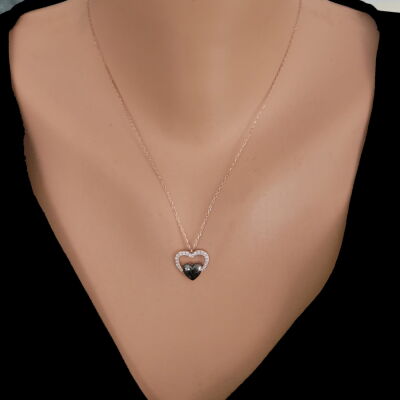 925 Sterling Silver Heart in Heart & Lock Necklace with White CZ - 5