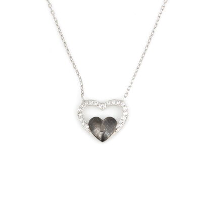 925 Sterling Silver Heart in Heart & Lock Necklace with White CZ - 4