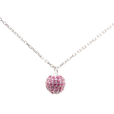 925 Sterling Silver Little Ball Necklace With Pink Cubic Zirconia - 1