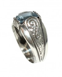 925 Sterling Silver Men Ring With Aquamarine - 3