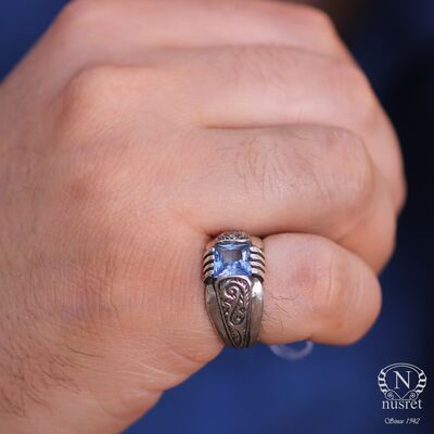 925 Sterling Silver Men Ring With Aquamarine - 1