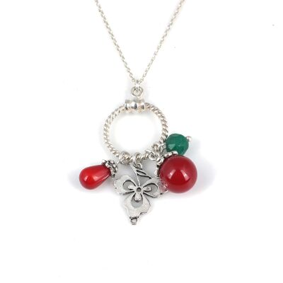 925 Sterling Silver Coral and Jade Stone Ring Necklace - 2