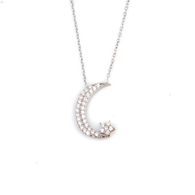 925 Sterling Silver Moon And Star Model Necklace with CZ - 2