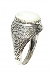 925 Sterling Silver Oval Mother Of Pearl Ottoman Sign Men Ring - 7